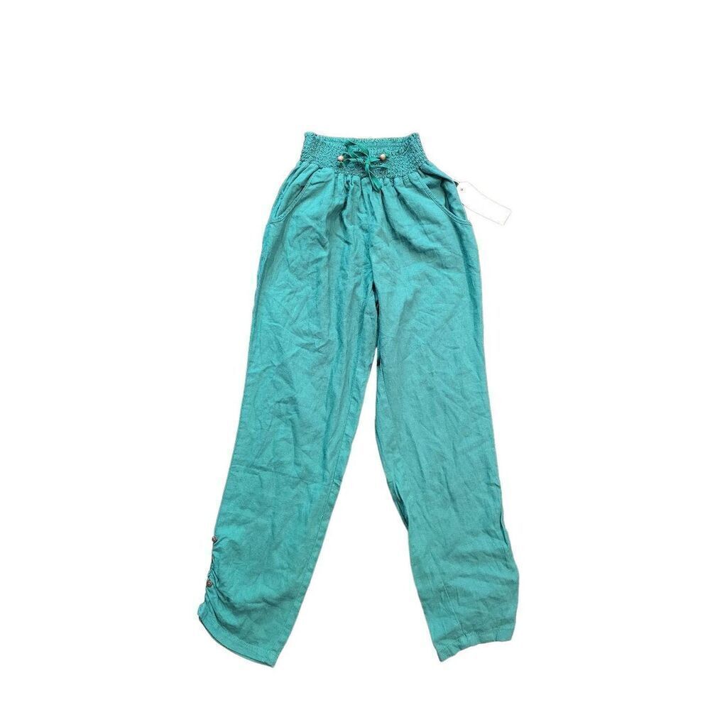 NWT Ci Sono Linen Pants Smocked Waist Pull On Kelly Green Women's XS